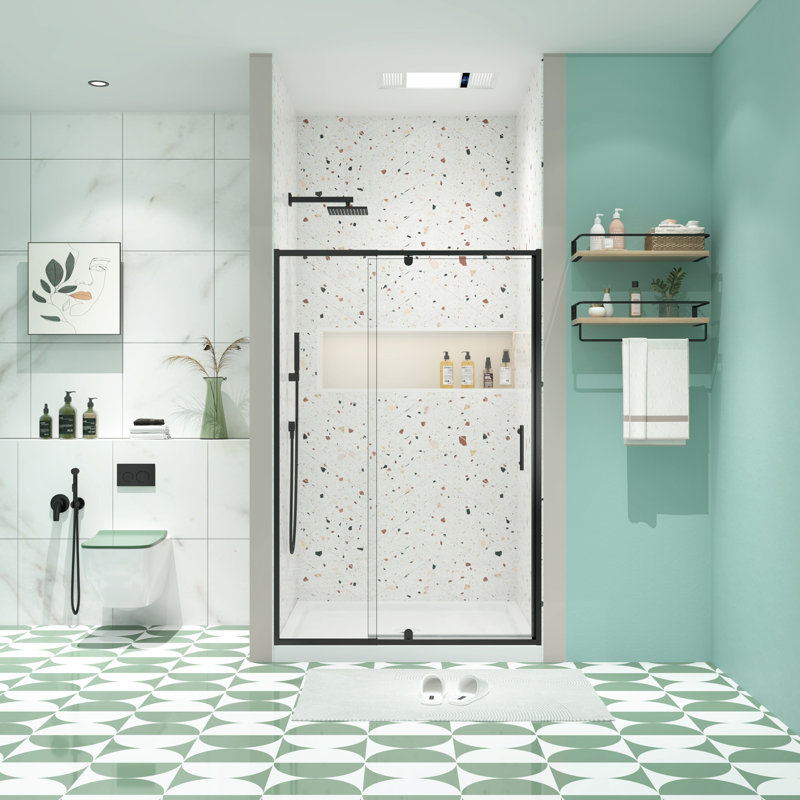 44-48" W 71" H Pivot Swing Shower Door - Matte Black, 6Mm Tempered Glass, Stainless Handle, Magnetic Closure, Leak, Reversible Install Width, Height, 1/4" Steel Universal Fit
