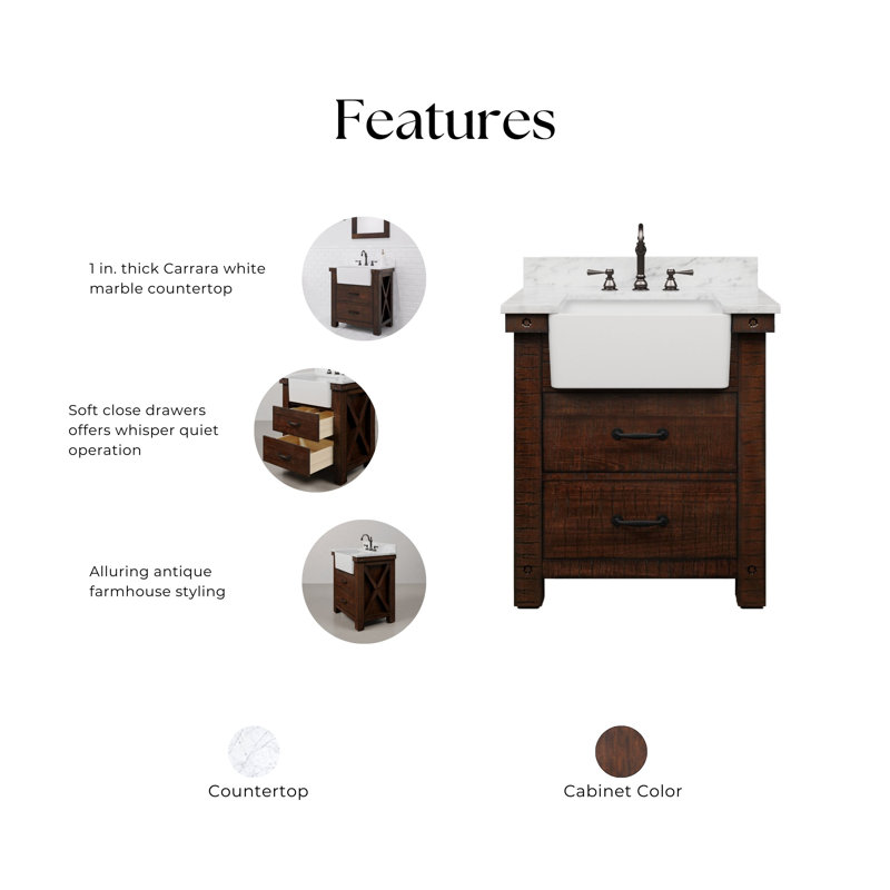 Paisley 30 In. Single Sink Carrara White Marble Countertop Vanity In Rustic Sienna With Mirror, Rostic Sienna