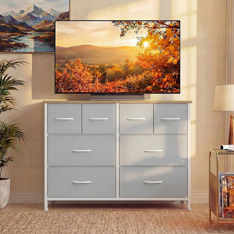 8-Drawer Fabric Dresser, 30"H Storage Chest with Wood Top, Light Gray