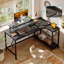 Baford L-Shaped Computer Desk with Power Outlet, Gaming Table with Monitor Stand and Shelves-468195738-464828179
