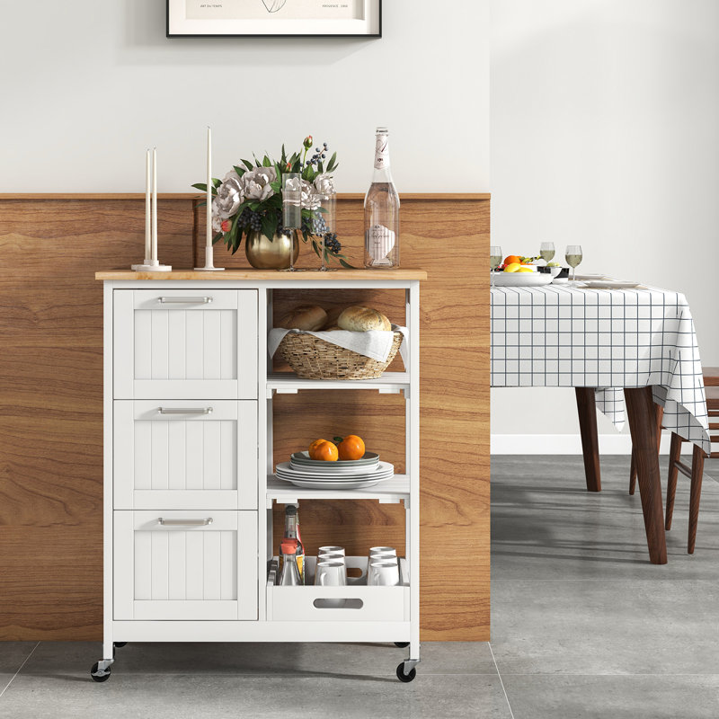 Rubber Wood Counter Top Kitchen Island Storage Cart with 3 Large Drawers, White