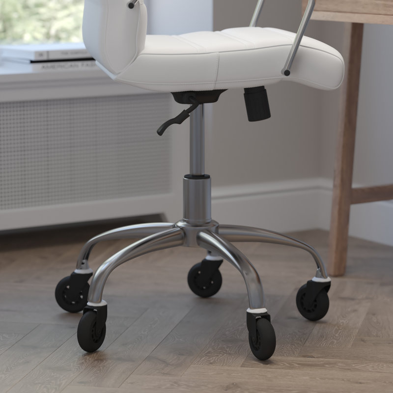Fauteuil de bureau pivotant à dossier moyen avec accoudoirs et roulettes transparentes, Blanc, Chrome