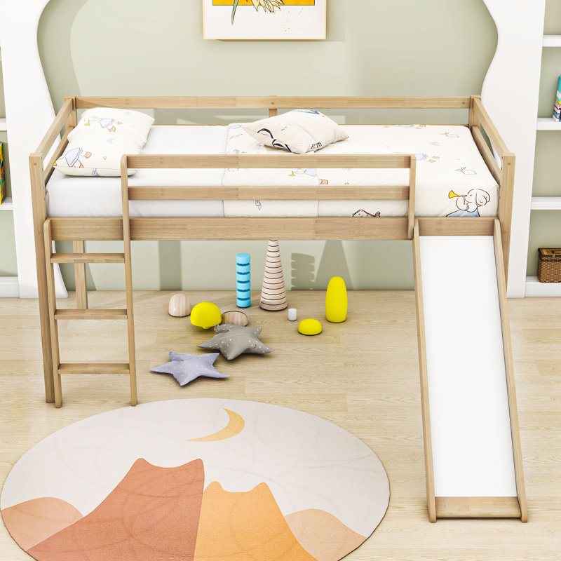 Kenslie Twin Wood Loft Bed With Slide, Ladder And Safety Guardrails Kenslie, Natural