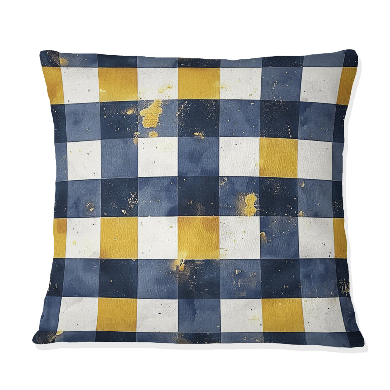 Imprimé vichy bleu et jaune I - coussin décoratif moderne, H 18 po x l 18 po