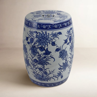Waubun Ceramic Pinwheel Flower Chinoiserie Stool in Blue and White by Birch Lane