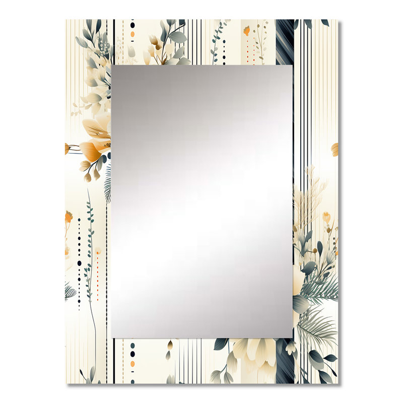 Shiena Neutral Greys Flowers Accents - botanical  Large Mirror, Boho Decorative Wall Mirror, Printed Metal Art, 32" x 24"