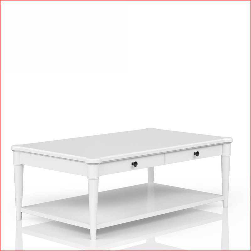 Table basse de salon blanche transitionnelle avec 2 tiroirs Roulettes, rangement peu encombrant