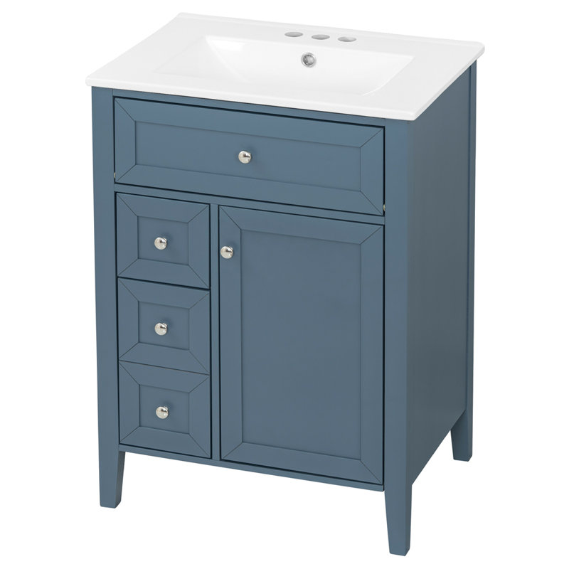 Meuble-lavabo de 24 po avec lavabo, lavabo en céramique, armoire de salle de bain avec 1 tiroir coulissant et 2 tiroirs de rangement coulissants, porte à fermeture en douceur avec support de rangement, pieds en bois massif, un paquet