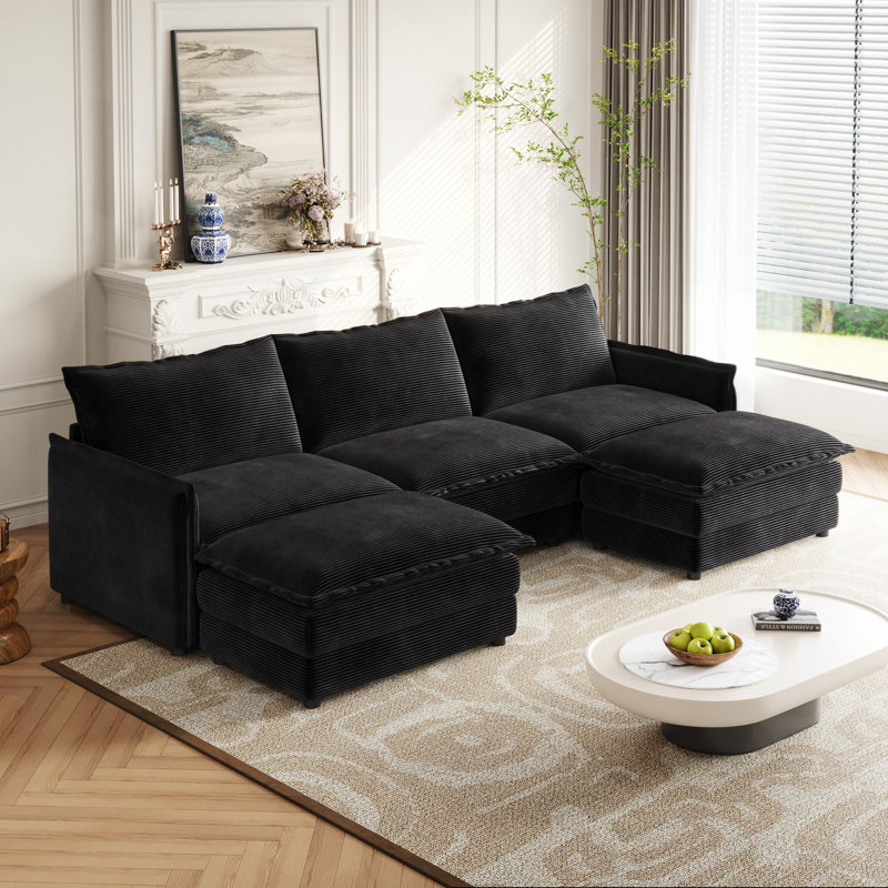 Allan U-Shaped Sectional Sofa with Movable Ottomans, Black Corduroy