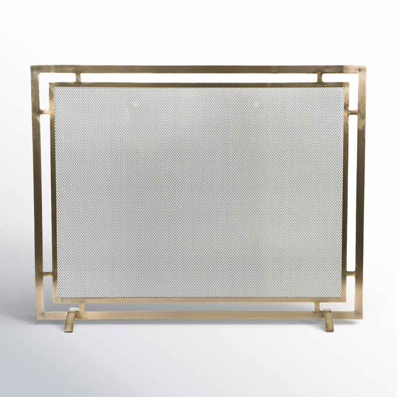 Gatsby Mesh Fireplace Screen - Single Panel, Steel Frame, Aged Brass