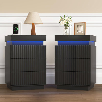 3-Drawer Nightstand With Charging Station & Adjustable Led Lights, Set Of 2