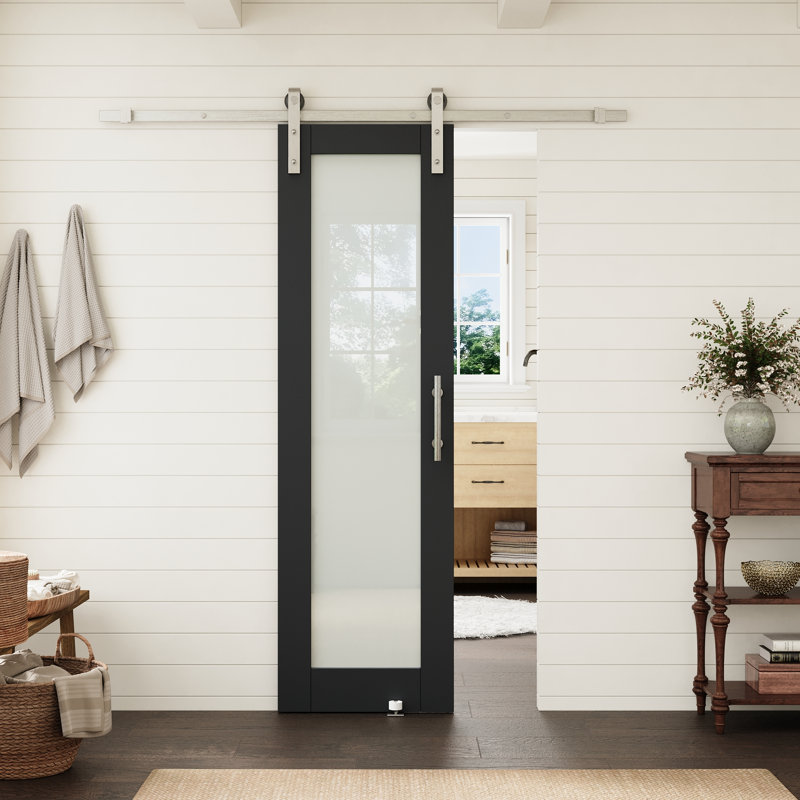 Porte intérieure standard 24 po x 80 po, 1 vantail, en verre trempé dépoli noir, avec quincaillerie de porte de grange en nickel, idéale pour le garde-manger et la cuisine.