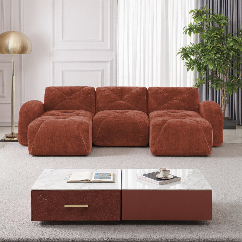 Canapé modulaire en U avec repose-pieds en velours | Canapé Cloud sans assemblage | Conception touffetée sans os, 3, Rouge