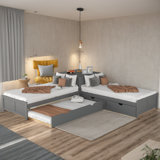 116.3"W L-Shaped Platform Bed With Trundle And Drawers Linked With Built-In Desk, Twin, Espresso