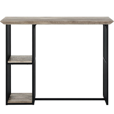 Table de salle à manger rectangulaire à hauteur de comptoir industrielle - 2 tablettes, chêne, noir sable avec plateau en chêne et tablettes en métal