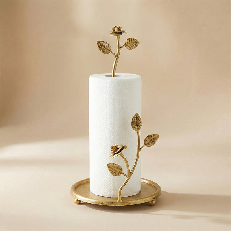 Floral Paper Towel Holder, 14.2-Inch Antique Gold Rose Stand with Stable Base for Standard Rolls, Kitchen Islands, Bars and Bathroom