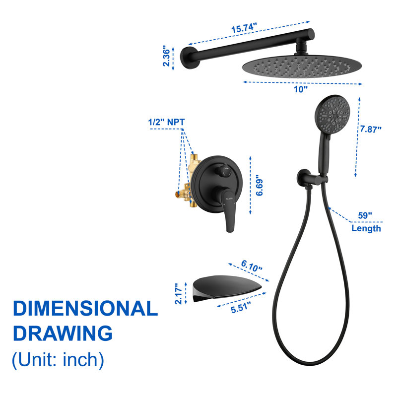 Système de douche complet avec valve brute, Noir