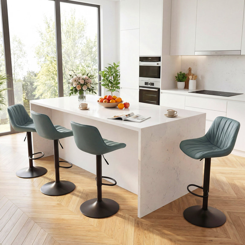 Modern Height Adjustable Swivel Bar Stools Upholstered Leather Barstool Kitchen Island Chairs With Metal Frame, Grayish Green