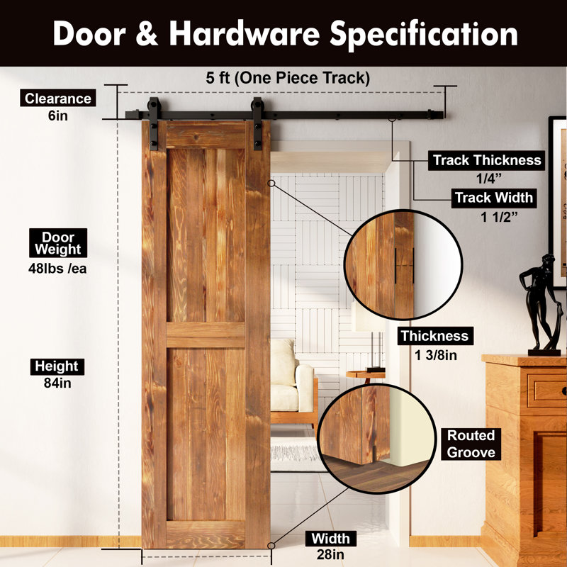 Porte en bois de pin massif non assemblé avec design H rustique noir H Design, Au début de l'Amérique, 28 po x 84 po
