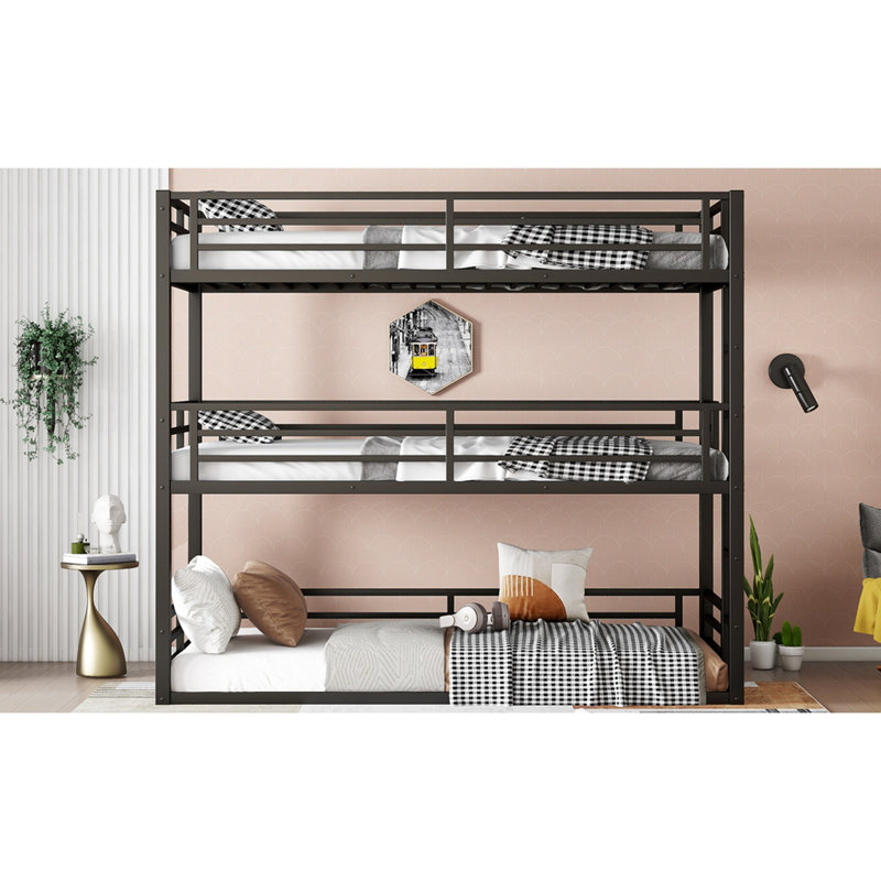 Lit superposé triple en métal noir avec dimensions simples TG, construction robuste et sommeil silencieux dans les maisons de vacances au-dessus des garde-corps, conception réduite, noir, idéal pour les espaces restreints