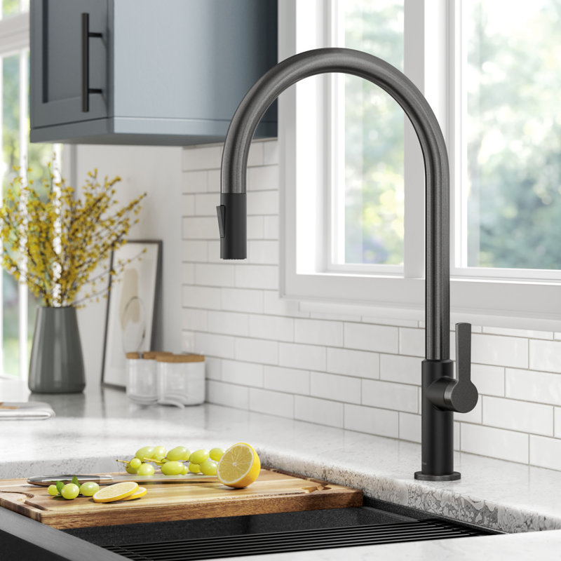Robinet de cuisine à poignée simple Oletto, Acier inoxydable noir