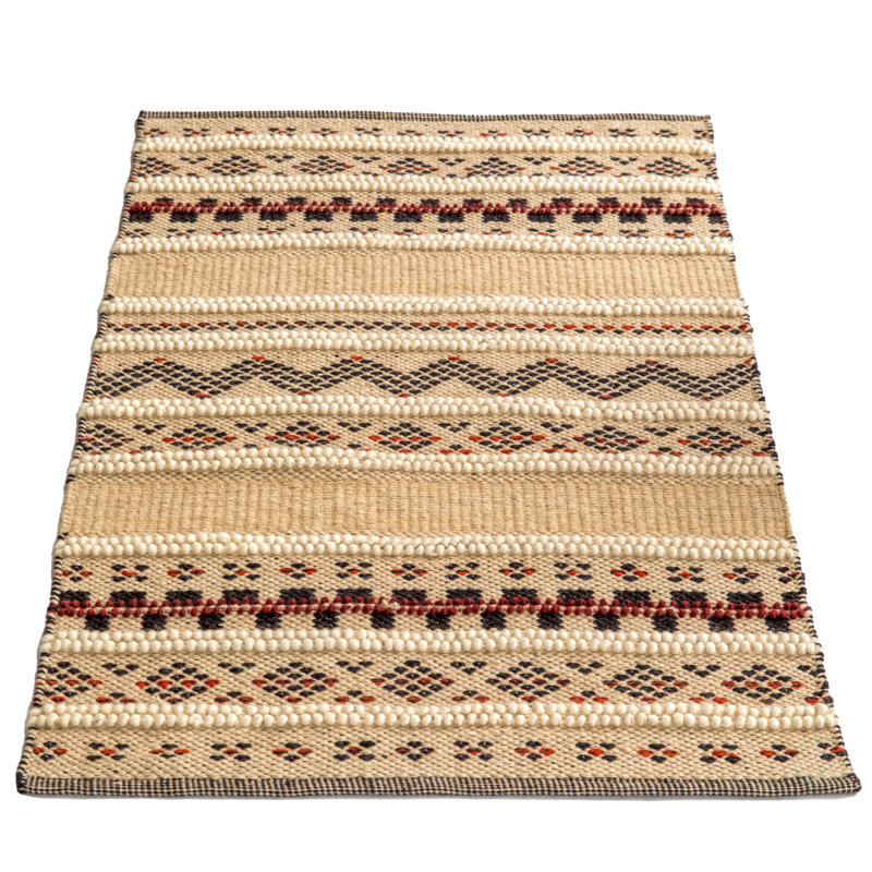 Tapis beige / noir en laine tissé à plat à la main à motif géométrique, Rectangle 2 pi x 3 pi