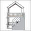 Lit superposé double au dessus d'un lit double avec escalier et tablettes de rangement, structure de lit superposé en bois pour enfants avec conception de maisonnette, toit et porte, marches de rangement et tablettes ouvertes, gris et rose-52604384