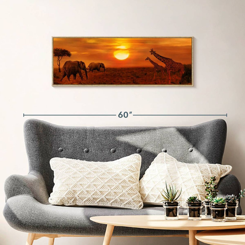 Coucher de soleil africain, 37" X 13", Floating Frame Natural Wood
