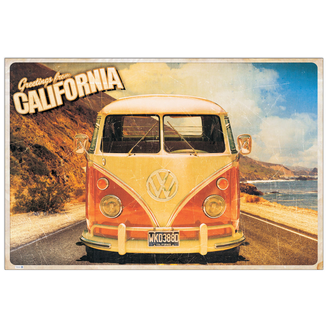 East Urban Home Holzbild Greetings From California VW Camper Van 