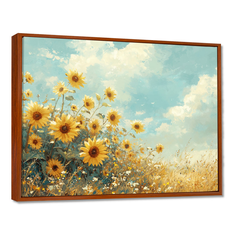 Campagne tournesols dans le vent - tournesols, art mural, Brun, H 12 po x l 20 po, Reproduction avec cadre flottant