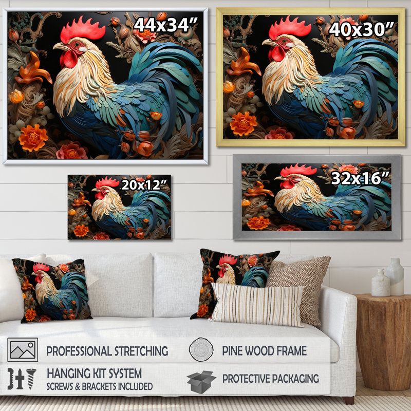 " Blue Rooster With Orange Flowers ", Black Single Picture Framed, 16" H x 32" W x 1" D