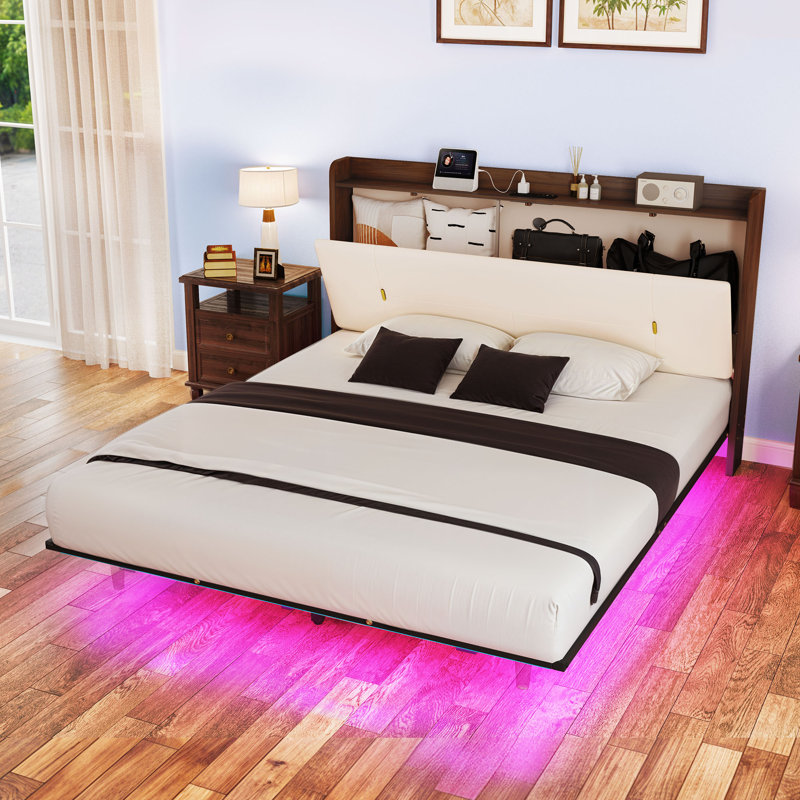 Faux Leather Floating Storage Bed, Queen, Beige