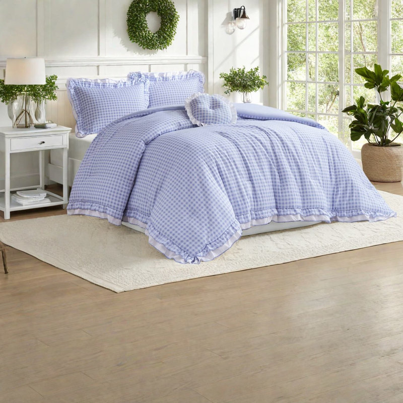 Premium Microfiber Bedding Set, Blue Comforter With Feminine Ruffle Design