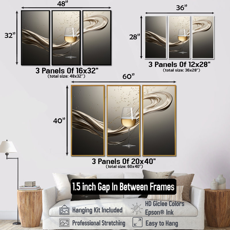 «Champagne Glass River Simplicity - Champagne, art mural», H 40 po x l 60 po, Cadre flottant en érable
