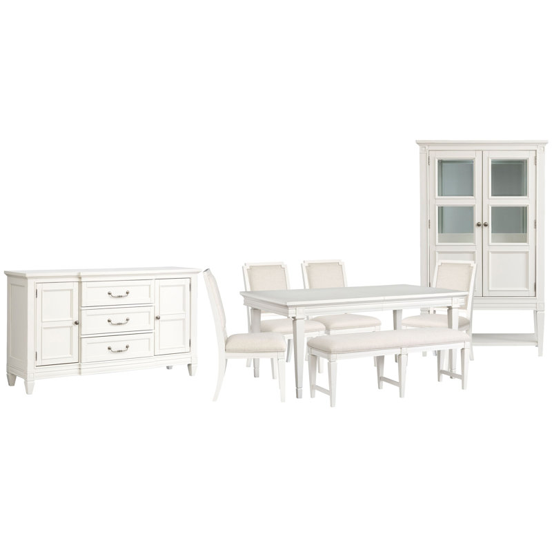 Gilvira Extendable Rectangular Dining Table With 4 Upholstered Side Chairs Upholstered Bench Buffet And Display Cabinet
