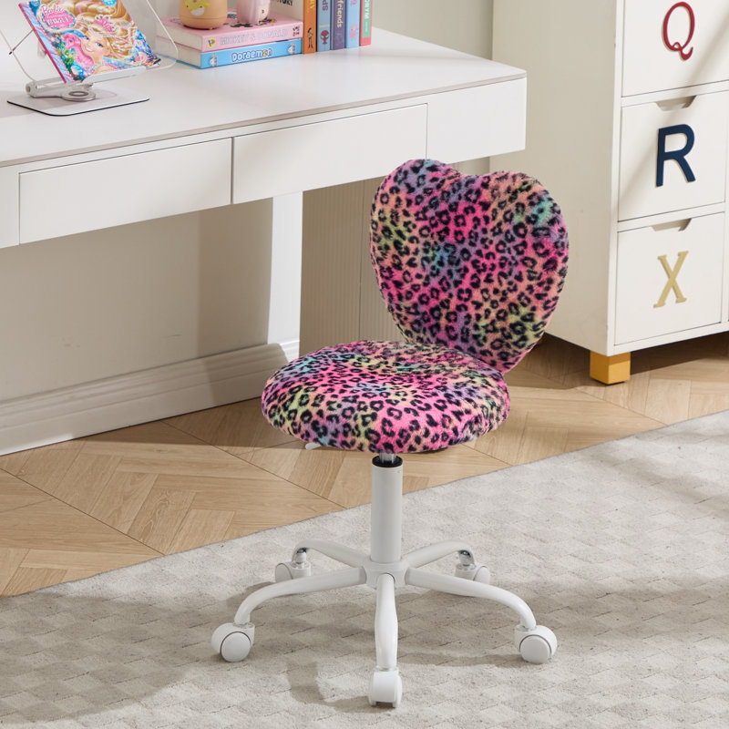 Upholstered Swivel Kids Desk Chair Adjustable Height Teen Task Chair, Faux Fur Kids Computer Chair, Students Study Chair Leopard