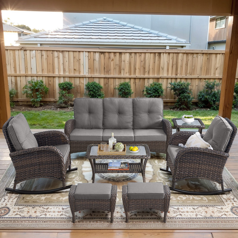 Gaetanino 7-Piece Patio Conversation Set with Glider Chairs & Ottomans, Grey, Dark Brown