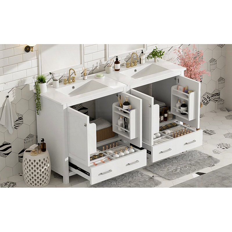 60" Bathroom Vanity Set with Double Vanities, Silver, White