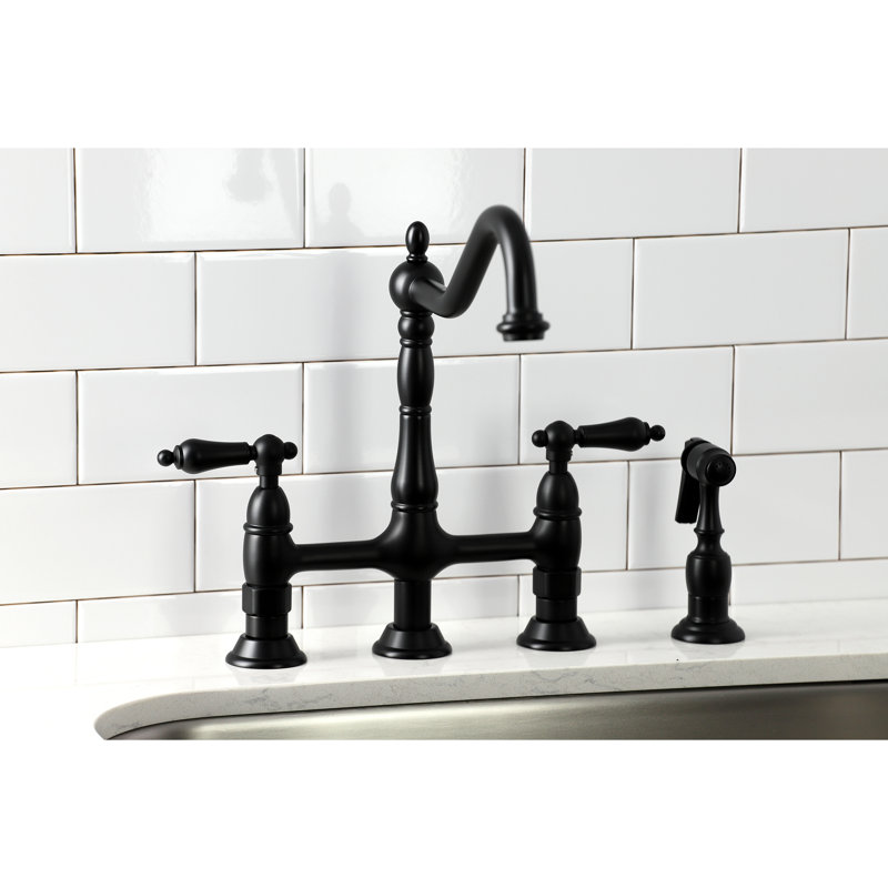 Kingston Brass Heritage Two-Handle 4-Hole Deck Mount Bridge Kitchen Faucet with Brass Side Sprayer, Matte Black