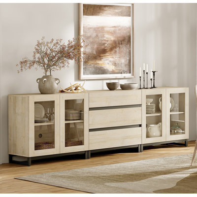 3 In 1 Modern Sideboard With Glass Doors And 3 Drawers,Storage Cabinet With Adjustable Shelves, Coffee Bar Cabinet For Living Room, Kitchen