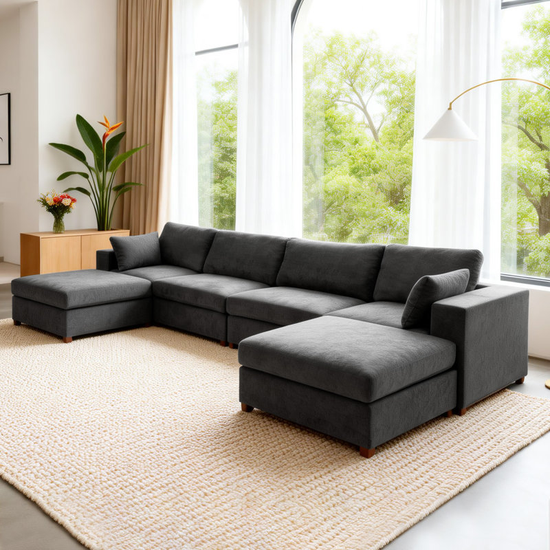 Canapé d'angle rembourré avec 2 repose-pieds, Lin gris, H 26 po x l 151,1 po x P 37,8 po