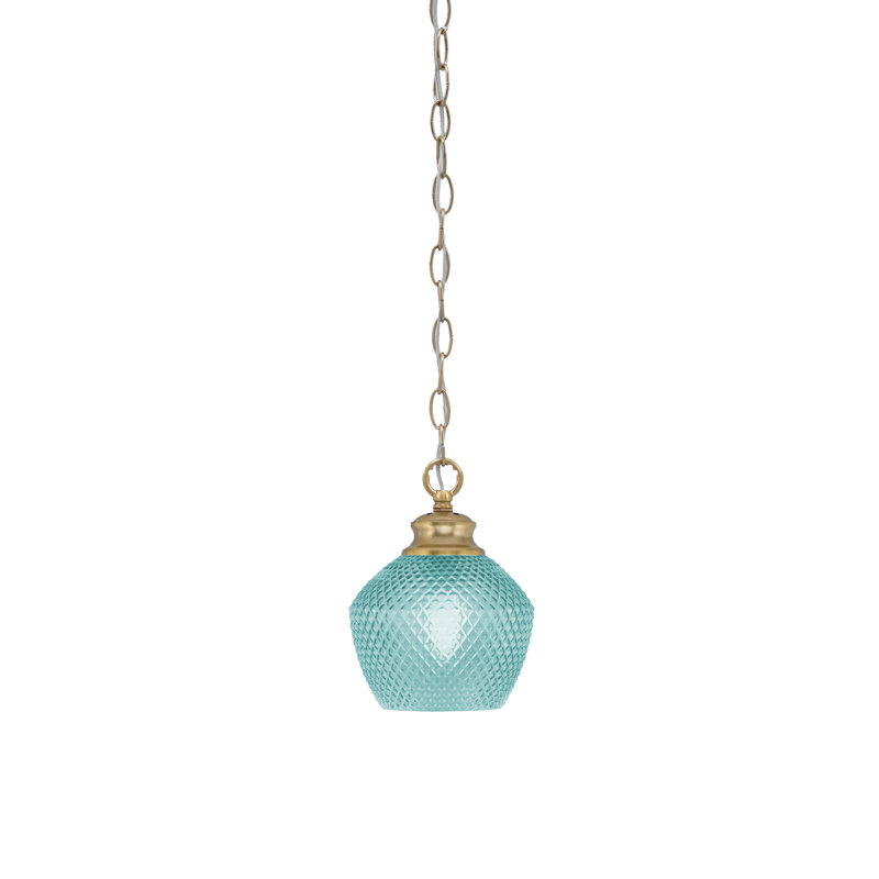Luminaire suspendu Quapaw Zola avec verre texturé turquoise 6 po, Laiton New Age