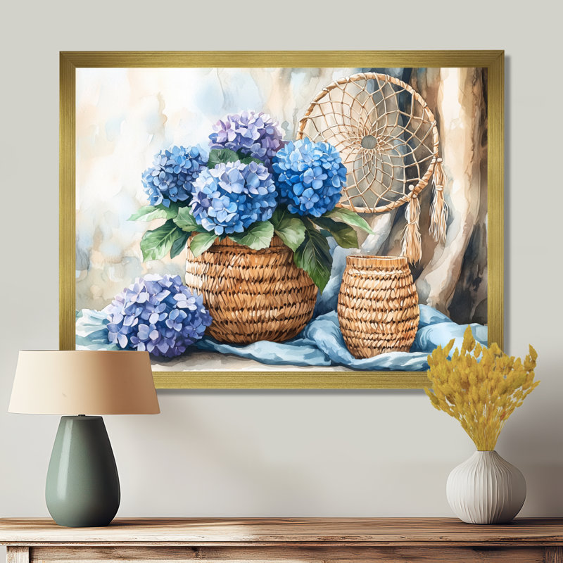 «Boho Blue Hydrangea Bliss I», art mural grand hortensia, H 24 po x l 32 po, Impression sur cadre flottant, Argent argent