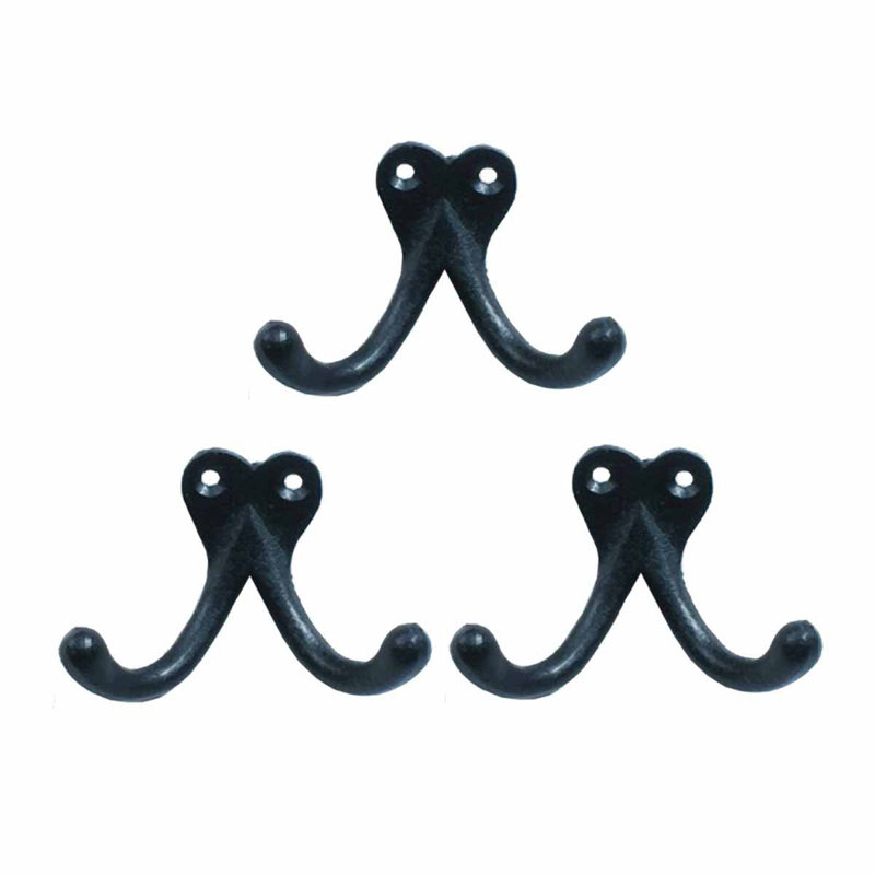 Black Wrought Iron Double Wall Hook Set of 3