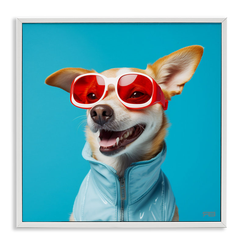 «Stylish Dog on Blue», estampe numérique par Roozbeh Bahramali, Giclée encadrée blanc bord de mer, H 17 po x l 17 po