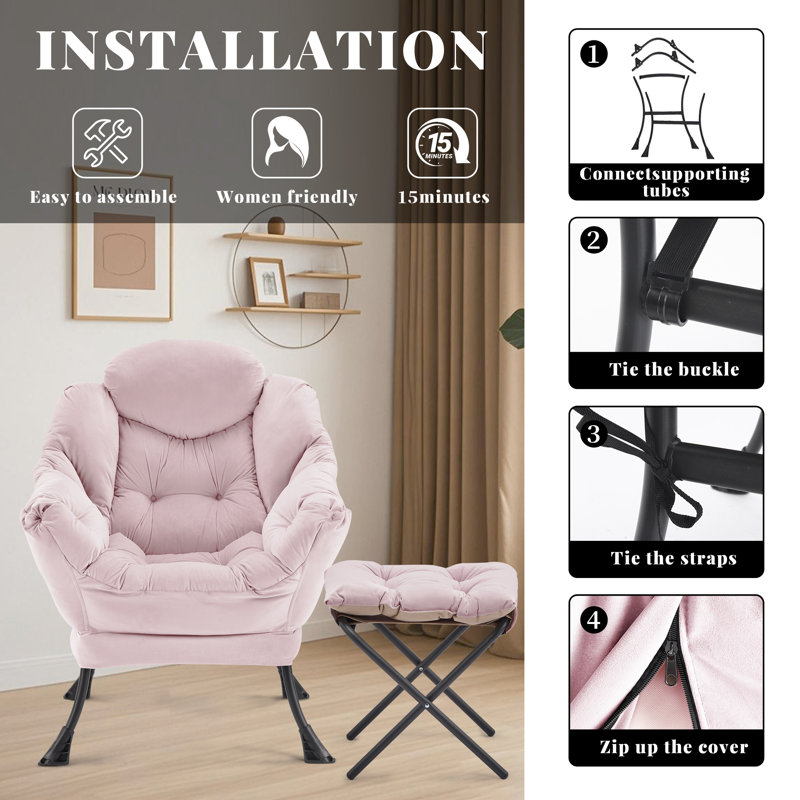Upholstered Armchair with Footstool, Pink