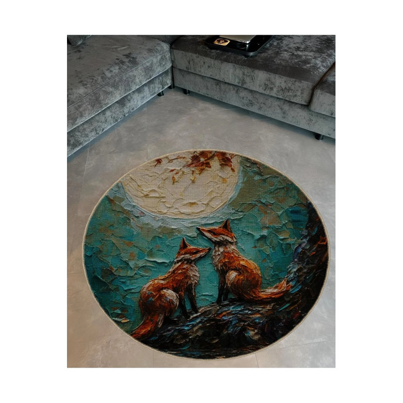 Pastel Theme Abstract Fox Patterned Round Woven Base Modern Decorative Carpet, Round 2'8"