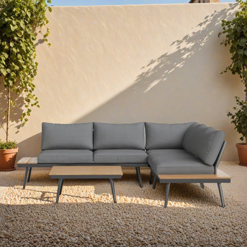 Canapé modulaire en L pour patio avec table d'appoint, canapé modulaire pour l'extérieur, Gris clair