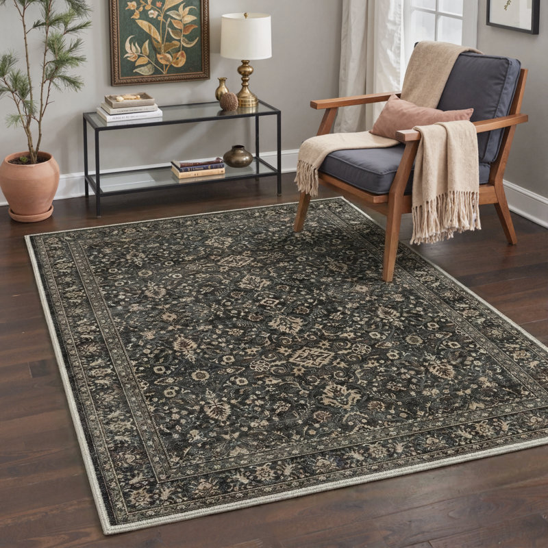 Zephyr Oriental Floral Machine Washable Black / Brown Indoor Area Rug with Non-Slip Backing, Rectangle 8' x 10'