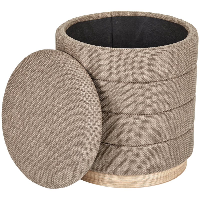 16" Round Upholstered Linen Storage Ottoman, Brown